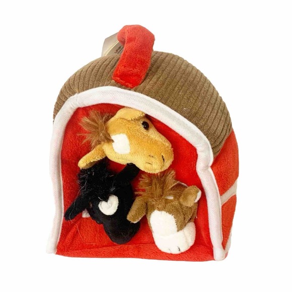 UNIPAK Toys Unipak Red Barn 3 Horses Farm Animal Plush Finger Puppets Carrying Case Nwt